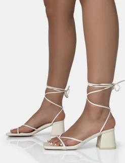 Hot Casey Ecru Strappy Lace Up Square Toe Low Block Heel Sandals Strappy Heels | Square Toe Heels