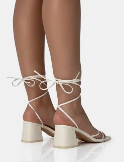 Hot Casey Ecru Strappy Lace Up Square Toe Low Block Heel Sandals Strappy Heels | Square Toe Heels