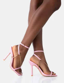 Cheap Catwalk Baby PU Chain Strappy Square Toe Stiletto Heels Pink Heels | Square Toe Heels