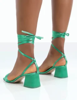 Fashion Caught Out Satin Square Open Toe Lace Up Block Heeled Sandals 3" Heels | Mid Heels