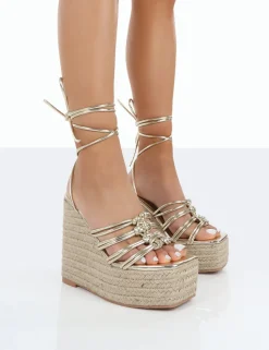 Online Chakkra PU High Heeled Sandal Espadrilles Wedges 6" Heels | Gold Heels