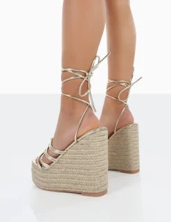 Online Chakkra PU High Heeled Sandal Espadrilles Wedges 6" Heels | Gold Heels