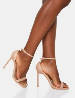Online Chaos Nude Pu Square Toe Strappy Barely There Stiletto Heel 4" Heels | Barely There Heels