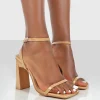 New Charlotte Camel Patent Square Toe Strappy Block Heels 4" Heels | Barely There Heels