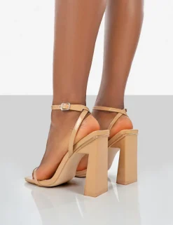 New Charlotte Camel Patent Square Toe Strappy Block Heels 4" Heels | Barely There Heels