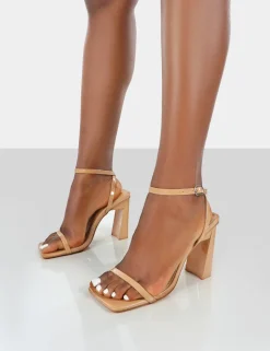 New Charlotte Camel Patent Square Toe Strappy Block Heels 4