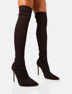 Shop Chateau Chocolate Knitted Sock Stiletto Over The Knee Boots High Heels | Sock Boots