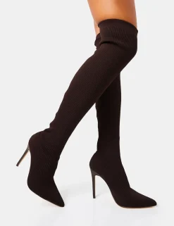 Shop Chateau Chocolate Knitted Sock Stiletto Over The Knee Boots High Heels | Sock Boots
