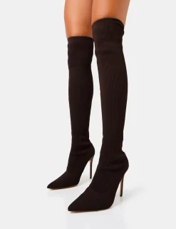 Shop Chateau Chocolate Knitted Sock Stiletto Over The Knee Boots High Heels | Sock Boots