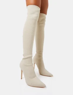 Store Chateau Off Knitted Sock Stiletto Over The Knee Pointed Boots High Heels | Heeled Boots