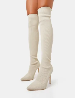 Store Chateau Off Knitted Sock Stiletto Over The Knee Pointed Boots High Heels | Heeled Boots