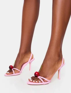 Clearance Cherish Square Toe Cherry Detail Sling Back Heels Back In Stock | Pink Heels