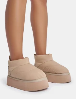 Outlet Chill Out Beige Nylon Puffer Ultra Mini Ankle Platform Boots Faux Fur Ankle Boots | Flat Boots