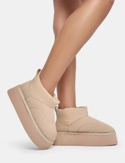 Outlet Chill Out Beige Nylon Puffer Ultra Mini Ankle Platform Boots Faux Fur Ankle Boots | Flat Boots