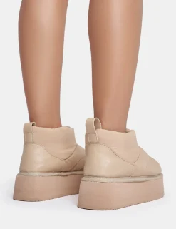 Outlet Chill Out Beige Nylon Puffer Ultra Mini Ankle Platform Boots Faux Fur Ankle Boots | Flat Boots