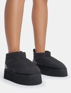 Outlet Chill Out Nylon Puffer Ultra Mini Ankle Platform Boots Faux Fur Ankle Boots | Flat Boots