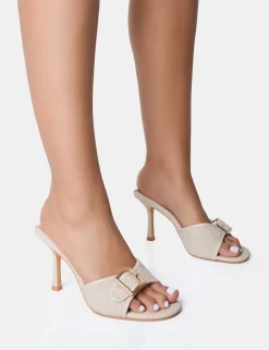 Fashion Chilled Linen Buckle Detail Mid Heel Mules Mules | Mid Heels