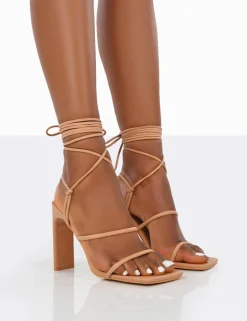 Outlet Chloe Nude Pu Strappy Square Toe Lace Up Heels Square Toe Heels | Lace Up Heels