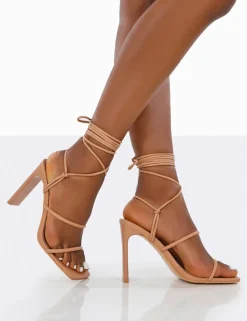Outlet Chloe Nude Pu Strappy Square Toe Lace Up Heels Square Toe Heels | Lace Up Heels