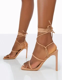 Outlet Chloe Nude Pu Strappy Square Toe Lace Up Heels Square Toe Heels | Lace Up Heels