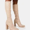 Best Christina Nude Pu Pointed Toe Block Heel Knee High Boots Block Heels | Heeled Boots