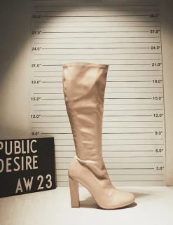 Best Christina Nude Pu Pointed Toe Block Heel Knee High Boots Block Heels | Heeled Boots