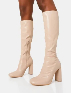 Best Christina Nude Pu Pointed Toe Block Heel Knee High Boots Block Heels | Heeled Boots