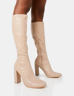 Cheap Christina Wide Fit Pu Pointed Toe Block Heel Knee High Boots Wide Fit Block Heels | Block Heels
