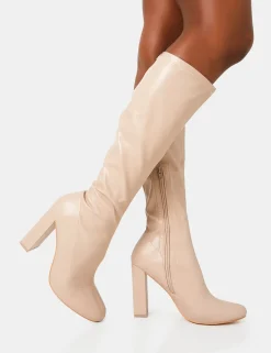 Cheap Christina Wide Fit Pu Pointed Toe Block Heel Knee High Boots Wide Fit Block Heels | Block Heels