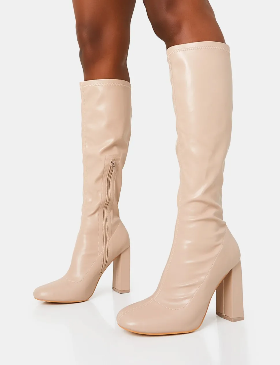 Cheap Christina Wide Fit Pu Pointed Toe Block Heel Knee High Boots Wide Fit Block Heels | Block Heels