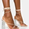 Clearance Clara Nude Pu Strappy Lace Up Round Toe Clear Perspex Heels Barely There Heels | Lace Up Heels