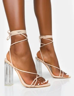 Clearance Clara Nude Pu Strappy Lace Up Round Toe Clear Perspex Heels Barely There Heels | Lace Up Heels