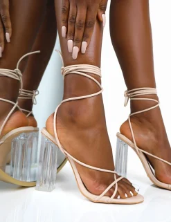 Clearance Clara Nude Pu Strappy Lace Up Round Toe Clear Perspex Heels Barely There Heels | Lace Up Heels