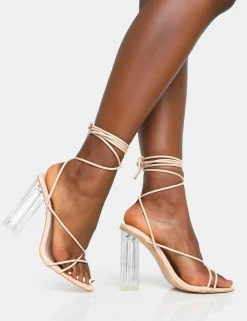 Clearance Clara Nude Pu Strappy Lace Up Round Toe Clear Perspex Heels Barely There Heels | Lace Up Heels