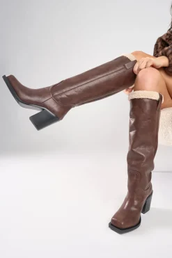 Discount Colden Vintage Fur Trim Block Heel Knee High Boots Block Heels | Knee High Boots