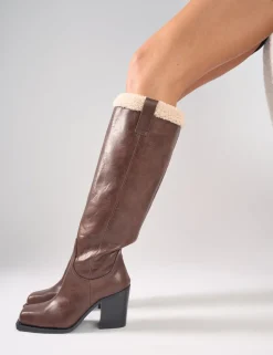 Discount Colden Vintage Fur Trim Block Heel Knee High Boots Block Heels | Knee High Boots