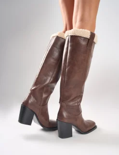 Discount Colden Vintage Fur Trim Block Heel Knee High Boots Block Heels | Knee High Boots