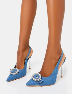 Store Confession Denim Diamante Broach Detail Slingback Court Shoes Court Heels | Diamante Heels