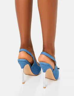 Store Confession Denim Diamante Broach Detail Slingback Court Shoes Court Heels | Diamante Heels