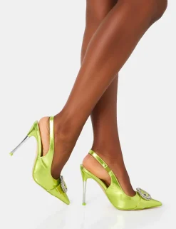 Outlet Confession Lime Metallic Diamante Broach Detail Slingback Court Shoes Court Heels | Diamante Heels