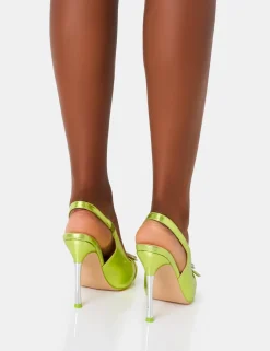 Outlet Confession Lime Metallic Diamante Broach Detail Slingback Court Shoes Court Heels | Diamante Heels