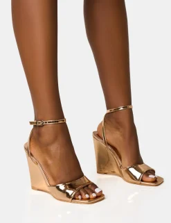Cheap Connection Rose Gold Strappy Peep Toe Wedges Wedges