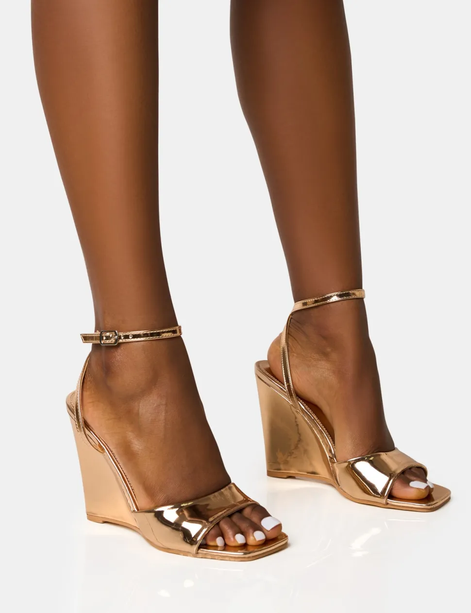 Cheap Connection Rose Gold Strappy Peep Toe Wedges Wedges