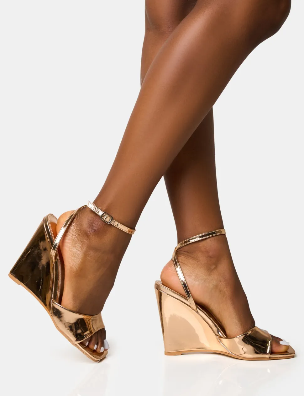 Cheap Connection Rose Gold Strappy Peep Toe Wedges Wedges