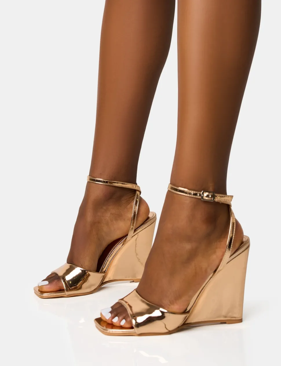 Cheap Connection Rose Gold Strappy Peep Toe Wedges Wedges