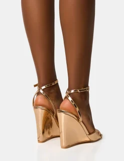 Cheap Connection Rose Gold Strappy Peep Toe Wedges Wedges