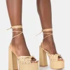 New Crete Raffia Diamante Twist Strap Lace Up Platform Block Heels Diamante Heels | Lace Up Heels