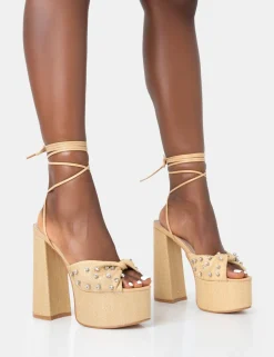 New Crete Raffia Diamante Twist Strap Lace Up Platform Block Heels Diamante Heels | Lace Up Heels