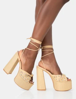 New Crete Raffia Diamante Twist Strap Lace Up Platform Block Heels Diamante Heels | Lace Up Heels