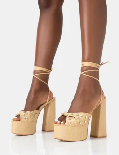 New Crete Raffia Diamante Twist Strap Lace Up Platform Block Heels Diamante Heels | Lace Up Heels